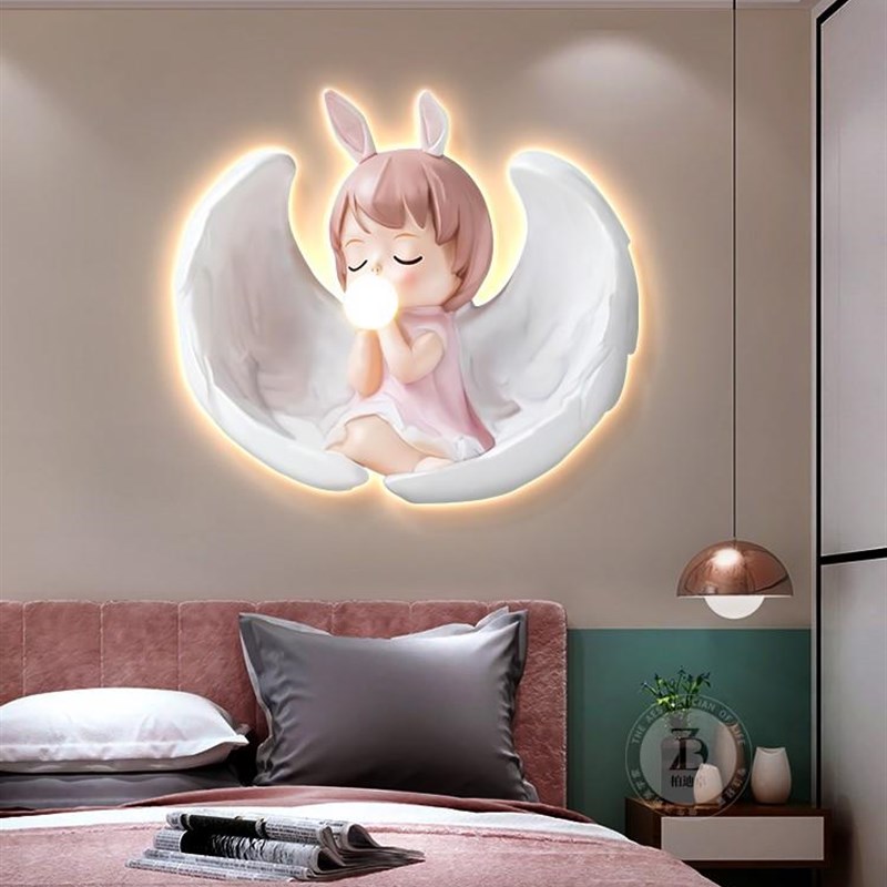网红温馨儿房装饰画男孩间女孩房壁画卡通天使宝宝卧室床头挂画灯