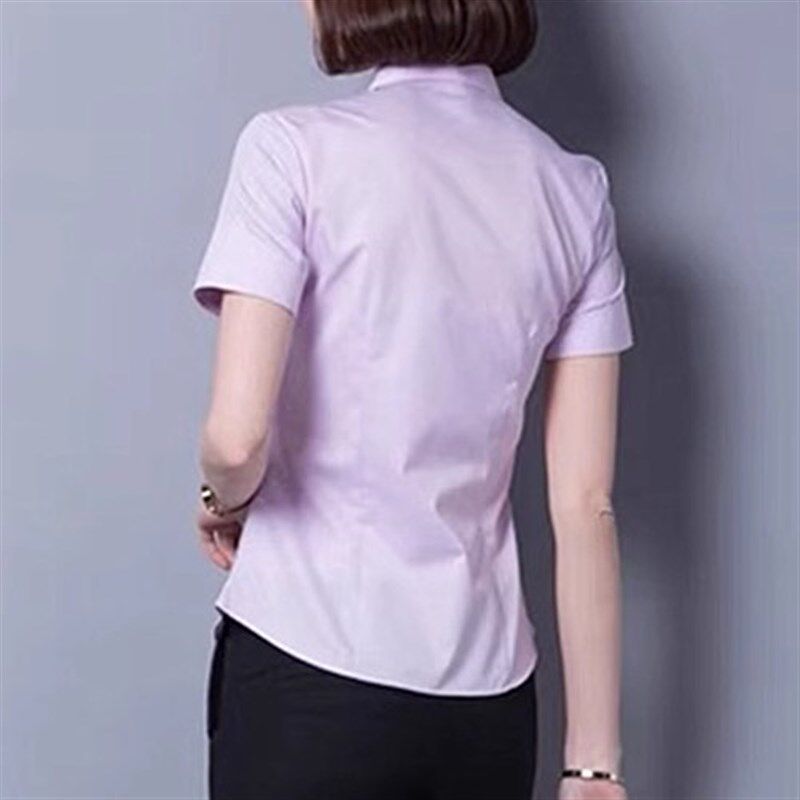 纯紫色短袖衬衫女工作服职业装正装长袖大码衬衣V领制服修身收腰