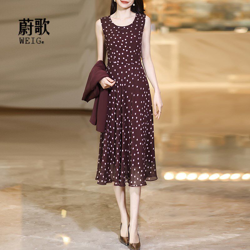 安可拉红西装波点打底连衣裙两件套女2025新款气质修身显瘦套装裙
