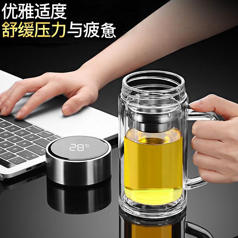 智能显温保温杯男款玻璃水杯双层隔热防摔带把手便携办公室泡茶杯