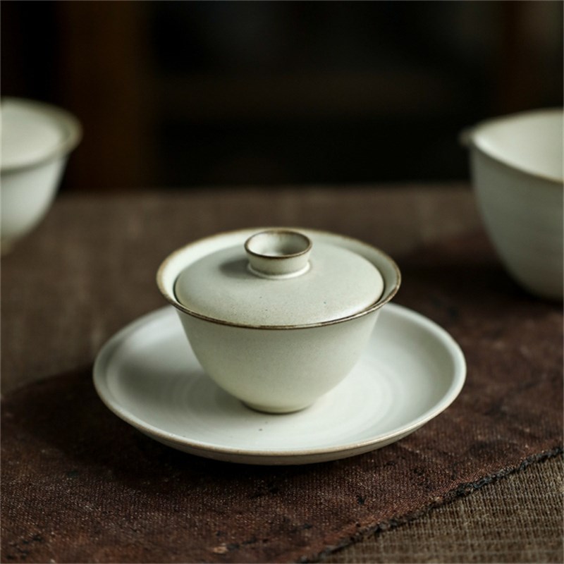 中蜜灰釉二才盖碗景德镇纯手工开片可养功夫茶具紫砂粗陶泡茶碗大