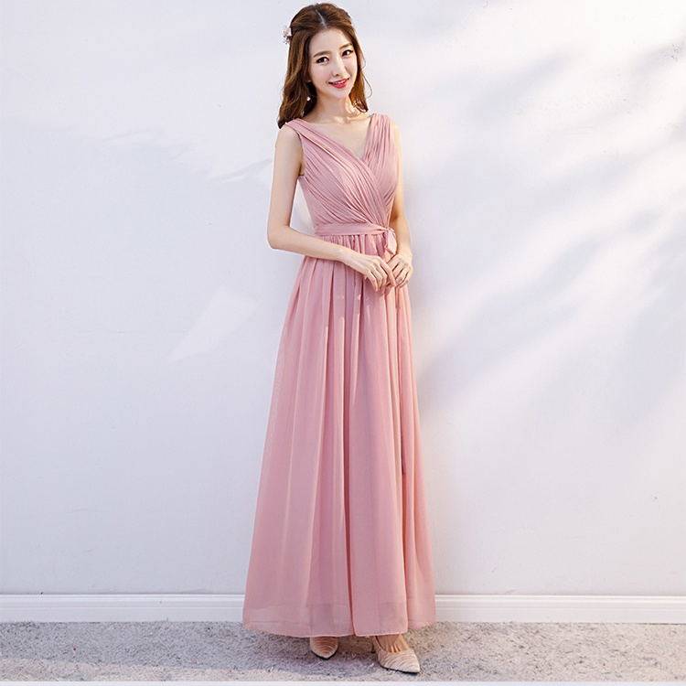 姐妹团粉色伴娘服长款2021新款婚礼服裙女仙气质夏季显瘦雪纺简约