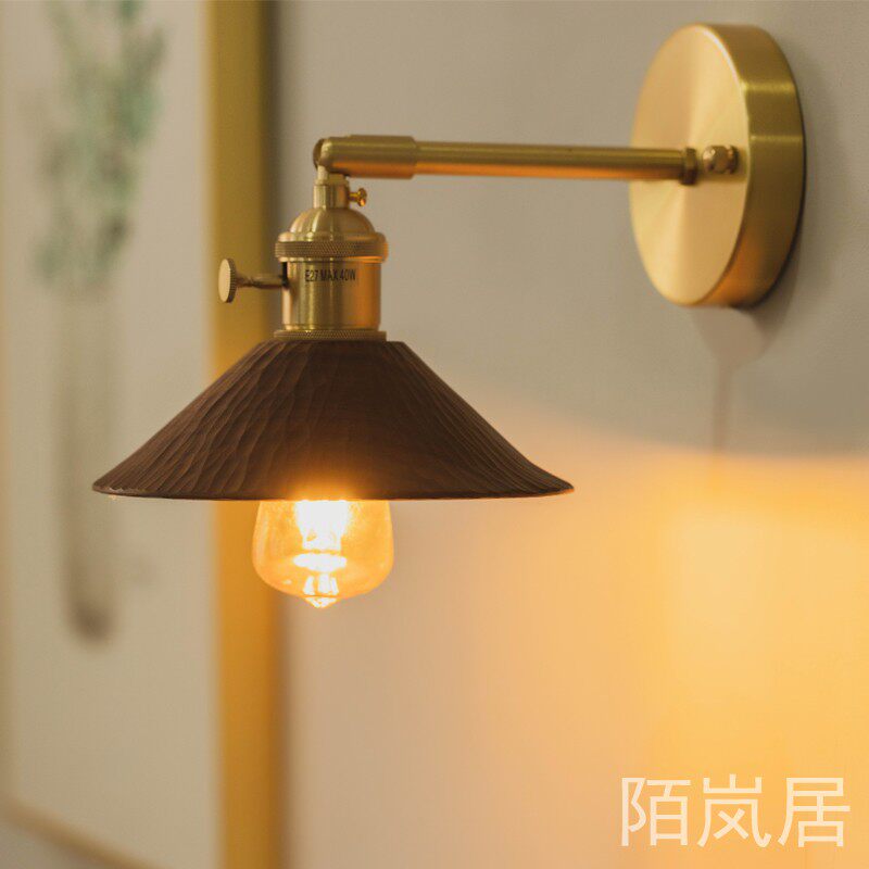 复古可转壁灯卧室黄铜实木过道玄关手工简约墙灯床头创意雕刻灯饰