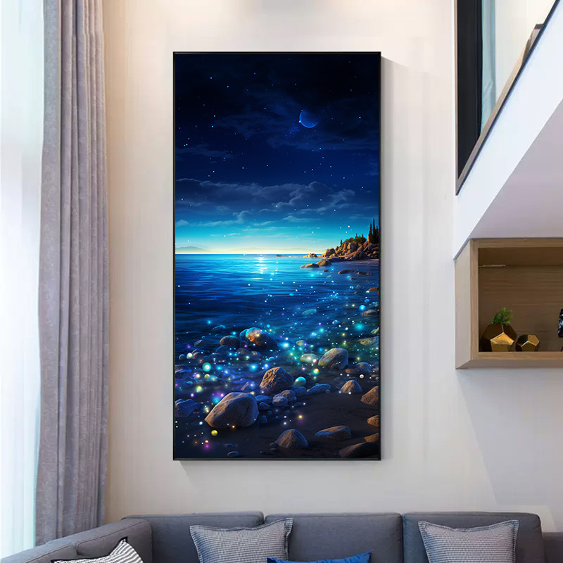 蓝色海洋梦幻沙滩星空月色玄关装饰画海边客厅入户门酒店走廊挂画