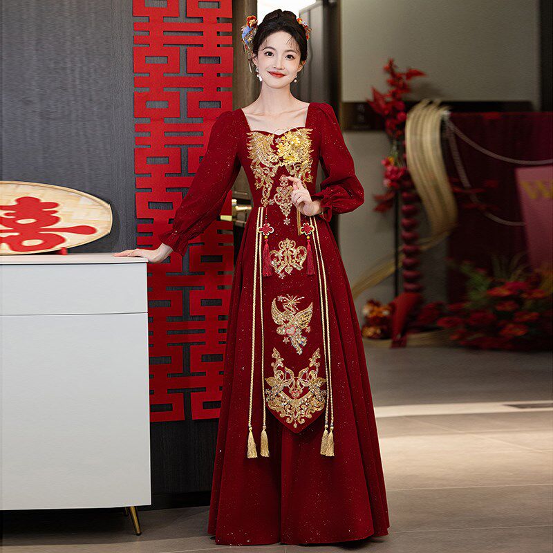 大码敬酒服新娘2024新款酒红色订婚礼服胖mm高级感结婚长袖女冬季