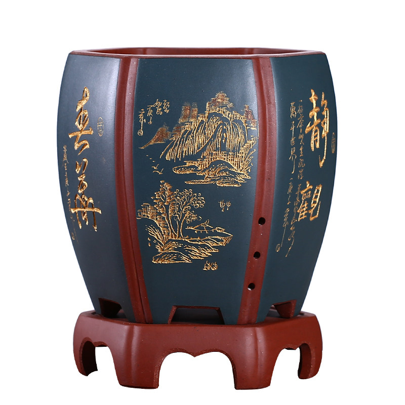 精品紫砂兰花盆六方紫砂花盆带托盘室内君子兰盆栽绿植陶瓷花盆