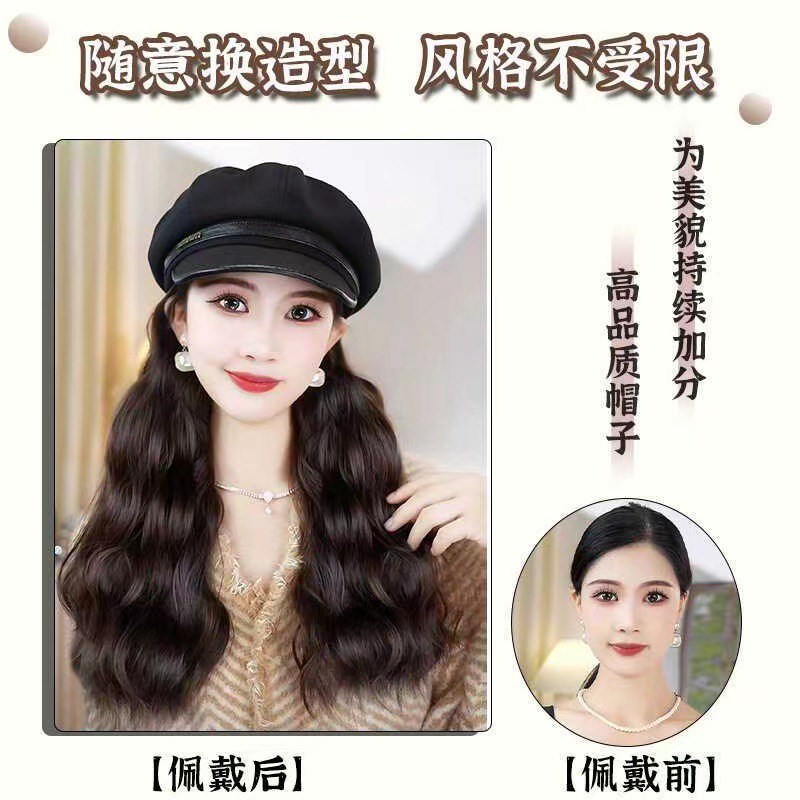 春秋八角帽水波纹长卷发内扣波波头帽子假发一体自然逼真假发帽子