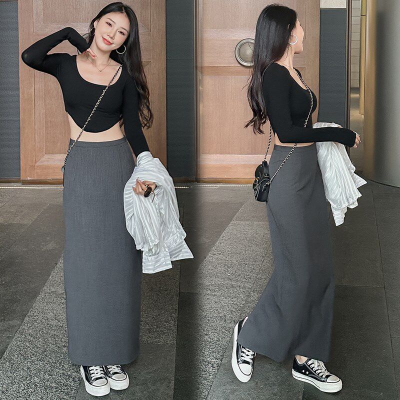 灰色垂感半身裙女遮跨裙子春夏黑色高腰直筒裙显瘦后开叉西装长裙
