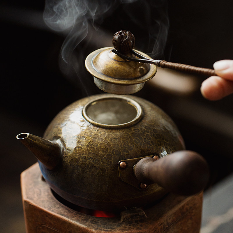 手工锻打黄铜侧把壶仿古紫铜煮茶壶电陶炉炭炉烧水壶茶道功夫茶具