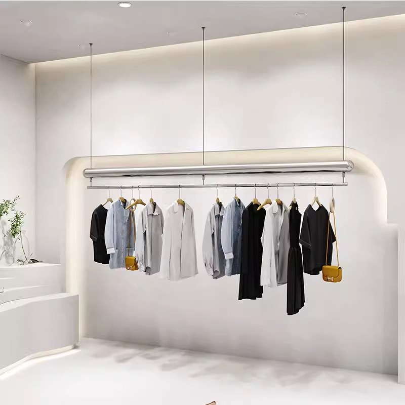服装店橱窗展示架陈列架女装店货架不锈钢吊顶钢丝悬挂吊架挂衣架