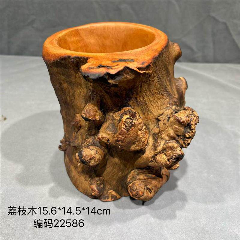 天然荔枝木根雕笔筒 收纳艺术装饰摆件 纯手工精工制作 创意
