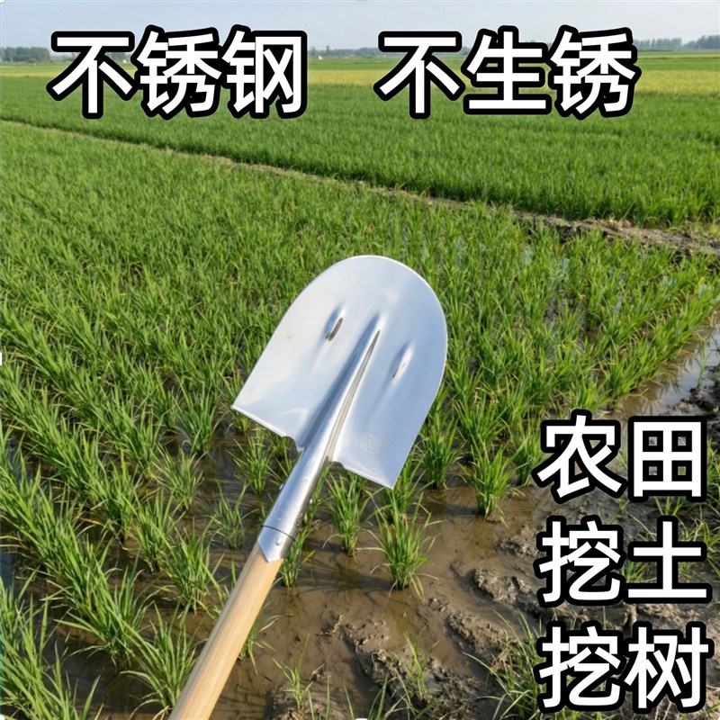 白钢水田锹圆头不锈钢铁锹不生锈不沾泥农用铁锨轻薄锋利园艺铲子