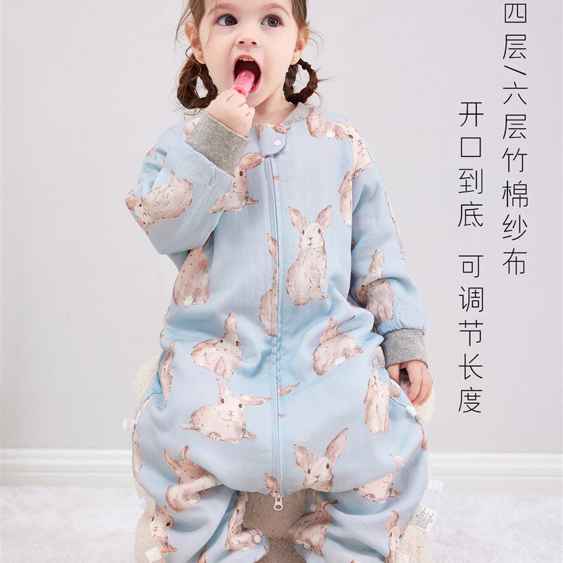 M新品婴儿睡袋宝宝春秋冬四六层竹棉纱布防踢被全开口可调节长度