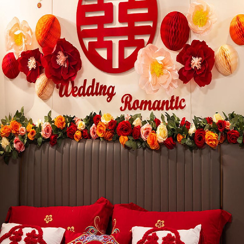 婚房布置绢花结婚红色喜庆新房床头装饰彷真玫瑰花藤长条藤蔓摆花