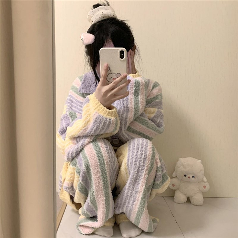 韩版少女条纹半边绒睡衣女秋冬天加绒加厚家居服套装冬季2025新款