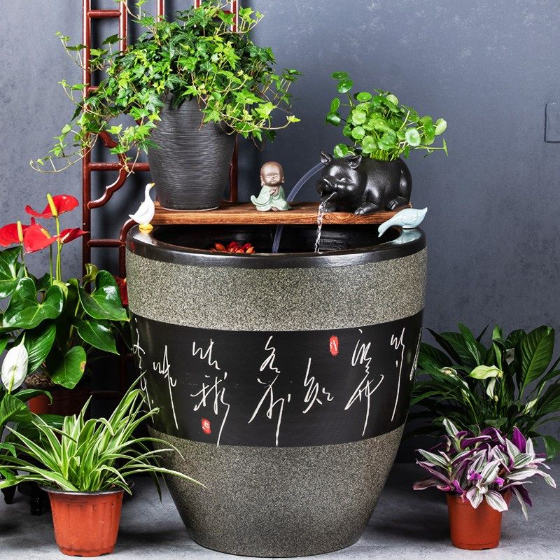 加高陶瓷大缸古法养鱼缸客厅睡莲荷花缸鱼缸陶罐流水造景老式水缸