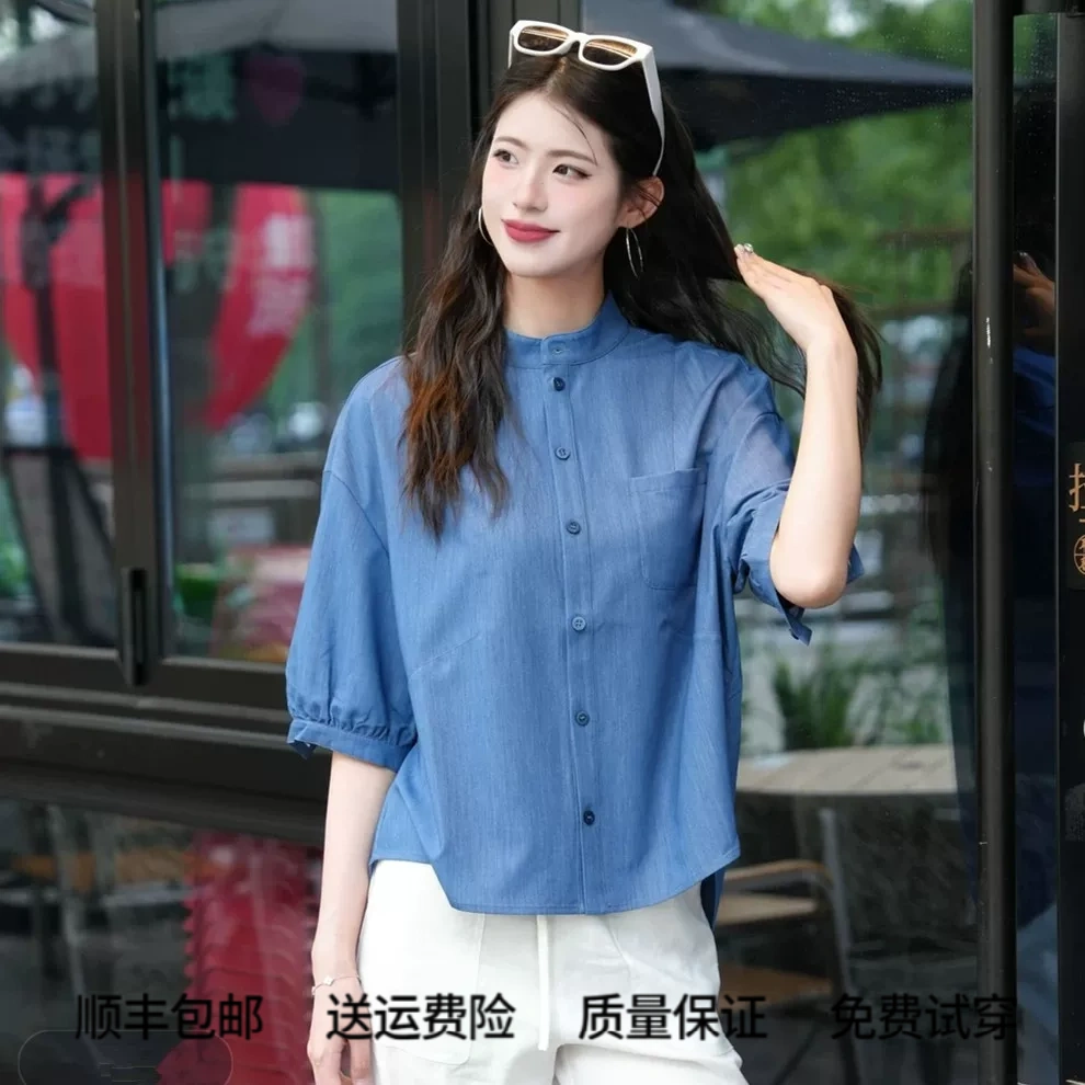 阿玛施夏季立领灯笼袖透气衬衫
