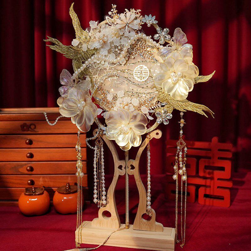 团扇新娘结婚婚礼出嫁秀禾服成品金喜扇diy材料包高级扇子手捧花