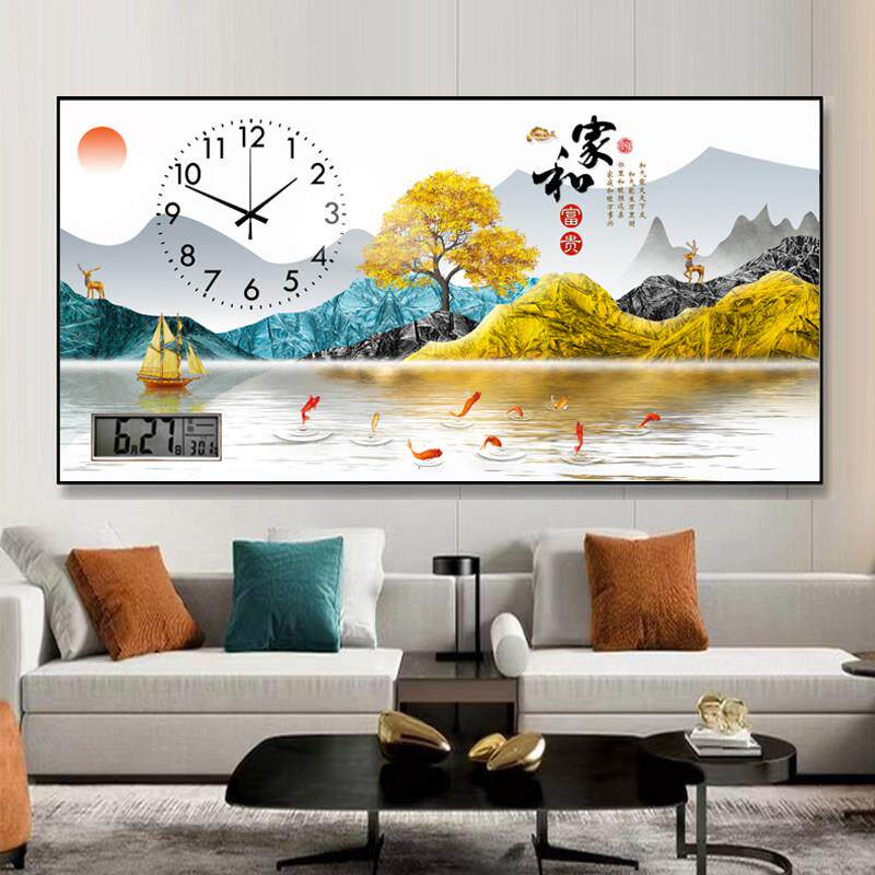 轻奢客厅装饰画挂钟大气晶瓷时钟带日历石英钟简约餐厅墙时尚钟表