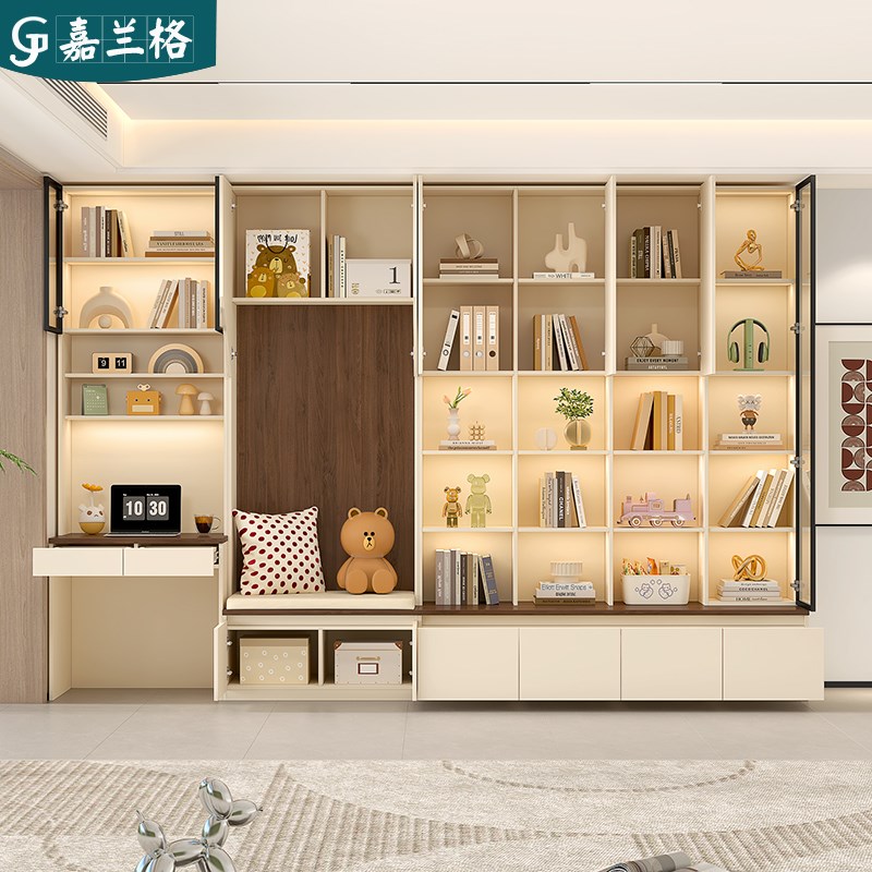 去客厅化卡座书柜书桌一体满墙到顶储物展示柜子书桌书架组合9F79
