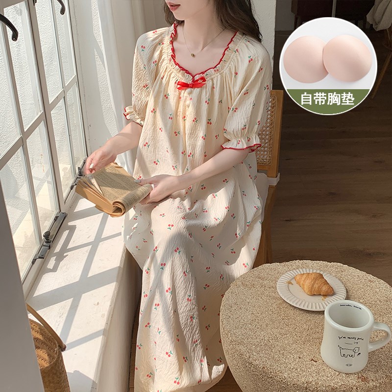 睡裙带胸垫夏季女款碎花孕妇可爱短袖2024新款夏款女士睡衣家居服