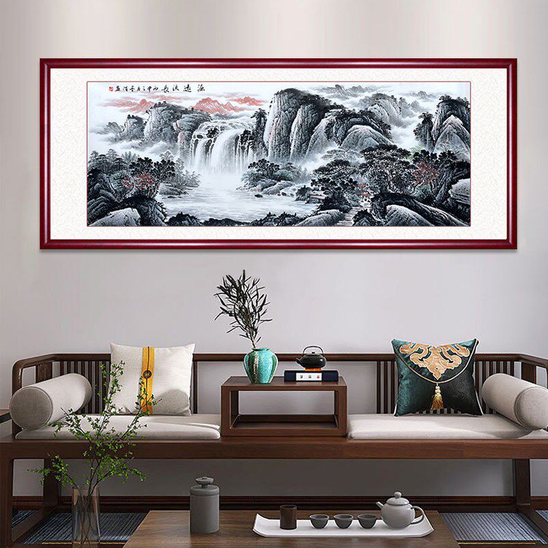 源远流长客厅装饰画国画山水画手绘真迹聚宝盆横幅挂画办公室字画