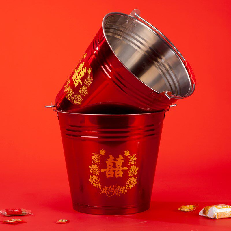 结婚喜桶新娘陪嫁不锈钢带盖红桶婚庆水桶子孙桶红色铁桶加厚家用
