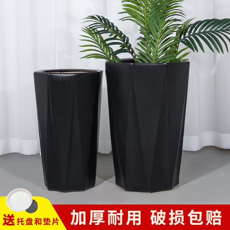 简约菱形陶瓷花盆黑色落地大号特大花卉绿植阳台客厅室内通用