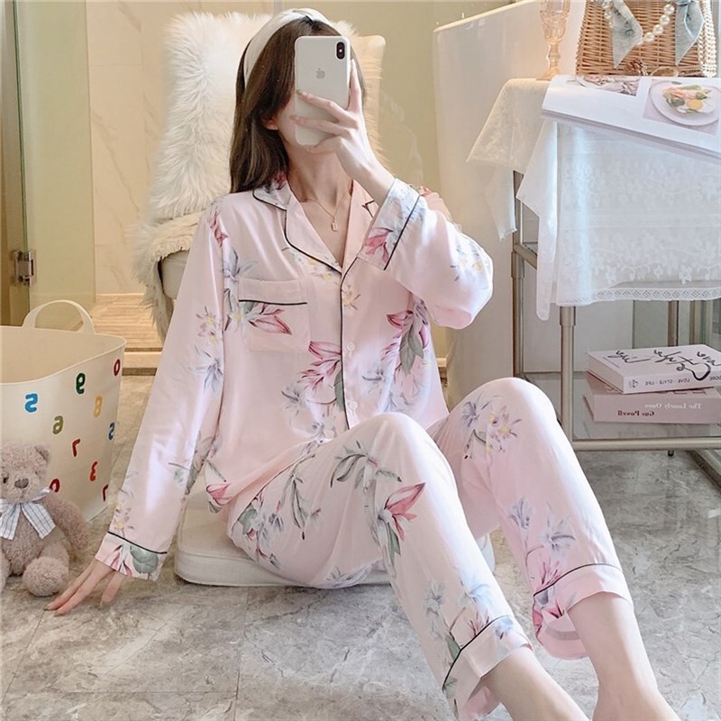 女士棉绸睡衣薄款长袖套装春夏季空调服人造绵开衫家居服秋天式生