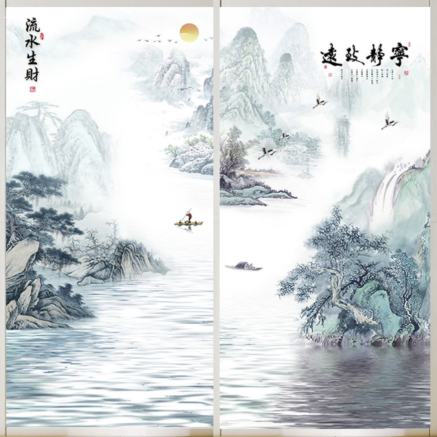 中式山水风景装饰玻璃贴纸透光不透明卧室客厅门窗户磨砂静电贴膜