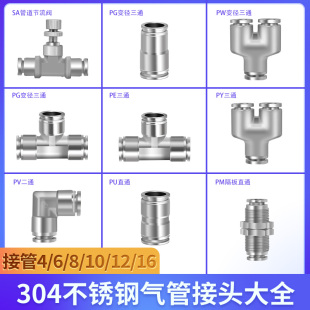 不锈钢气管快速气管接头304直通三通变径快插管道节流阀PU/PG/PE