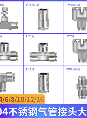 不锈钢气管快速气管接头304直通三通变径快插管道节流阀PU/PG/PE