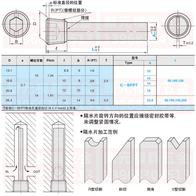 DME模具冷却用运水直身隔水片黄铜铝片英制PT1/8螺纹1/4厚度1.5/2