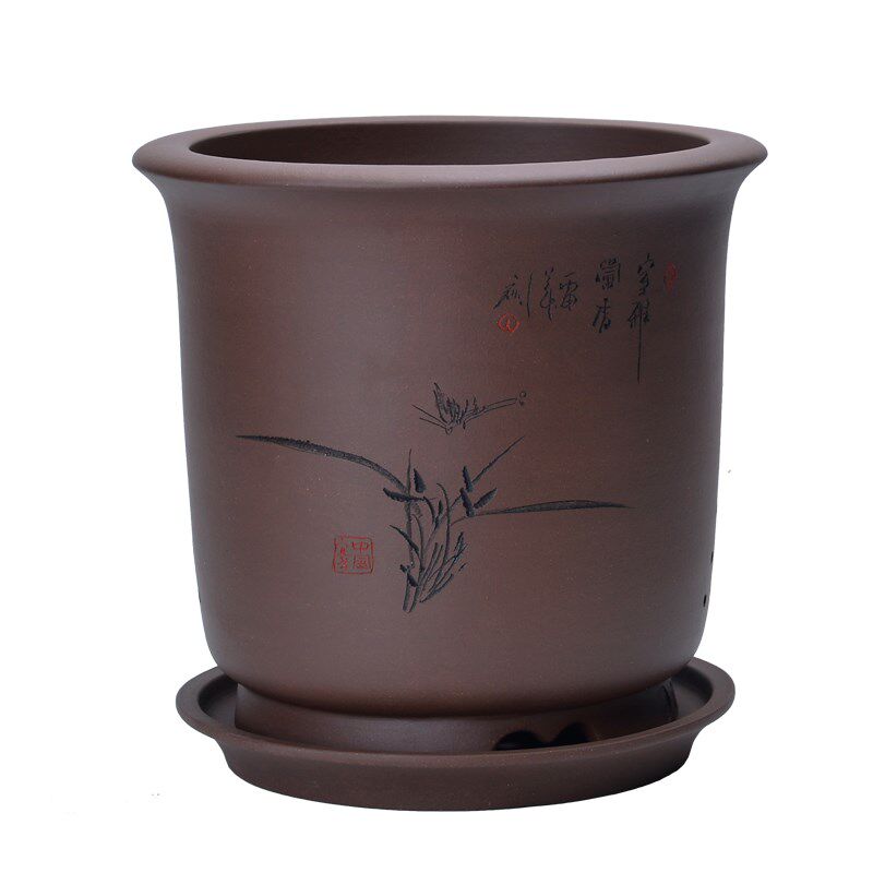 君子兰花盆 宜兴紫砂兰花盆盆栽绿植刻绘紫泥大小托盘锅底型花盆