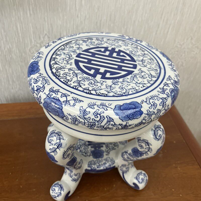 青花瓷仿古典四脚古凳子客厅落地桌面摆件手绘拼接景德镇花盆底座