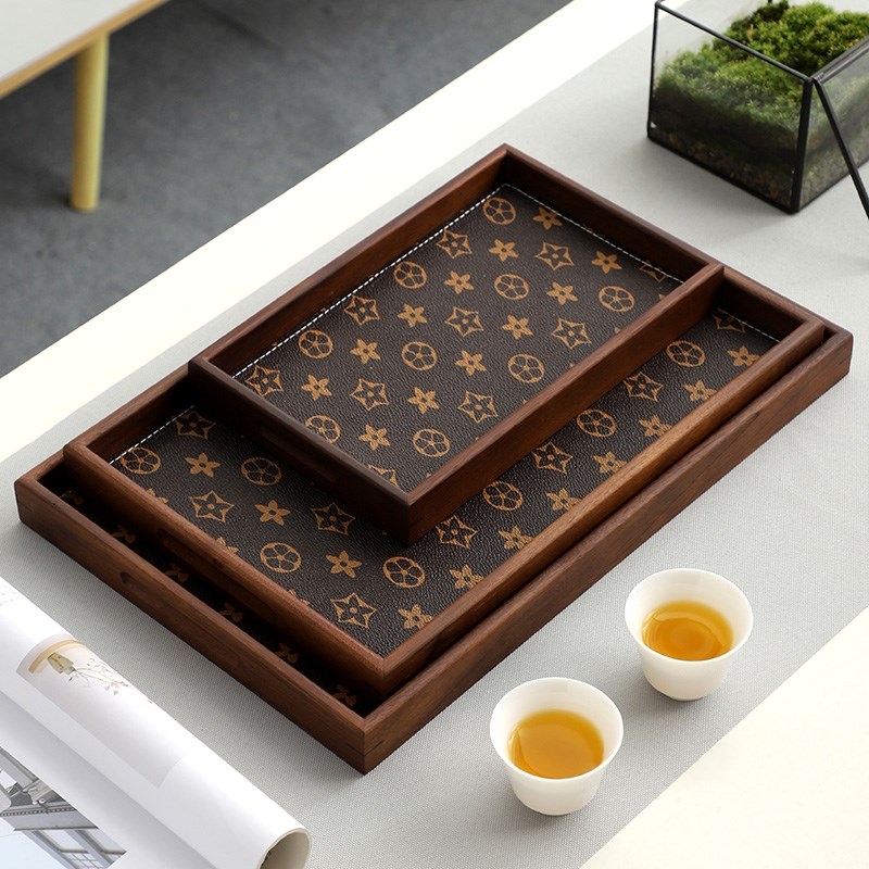 高档胡桃木皮革五角星长方形托盘轻奢实木收纳盘酒杯茶装饰品摆件