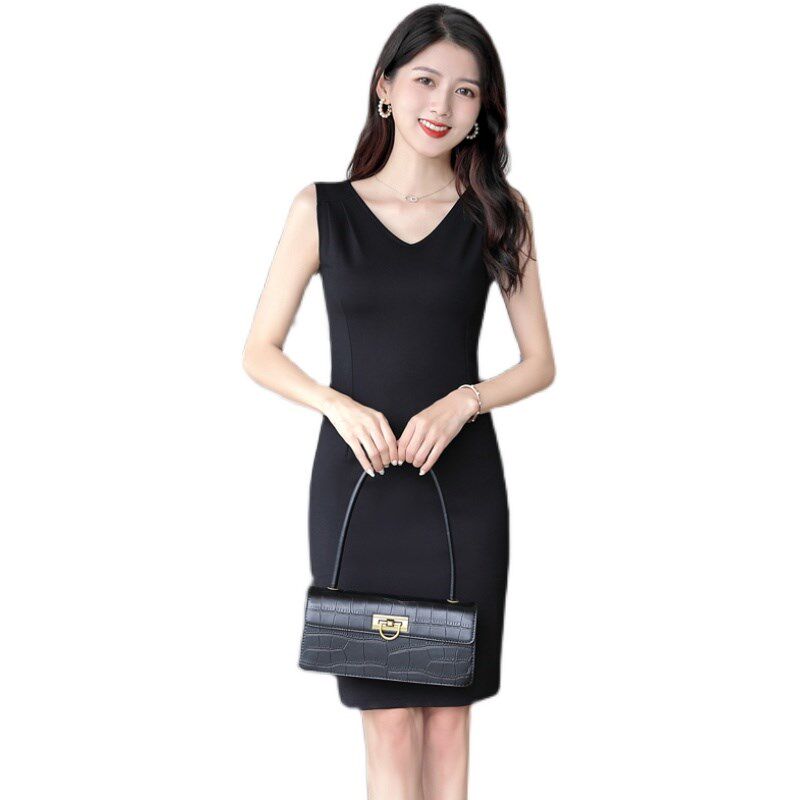 2024秋季新款吊带无袖内搭连衣裙女修身显瘦打底裙V领黑色背心裙