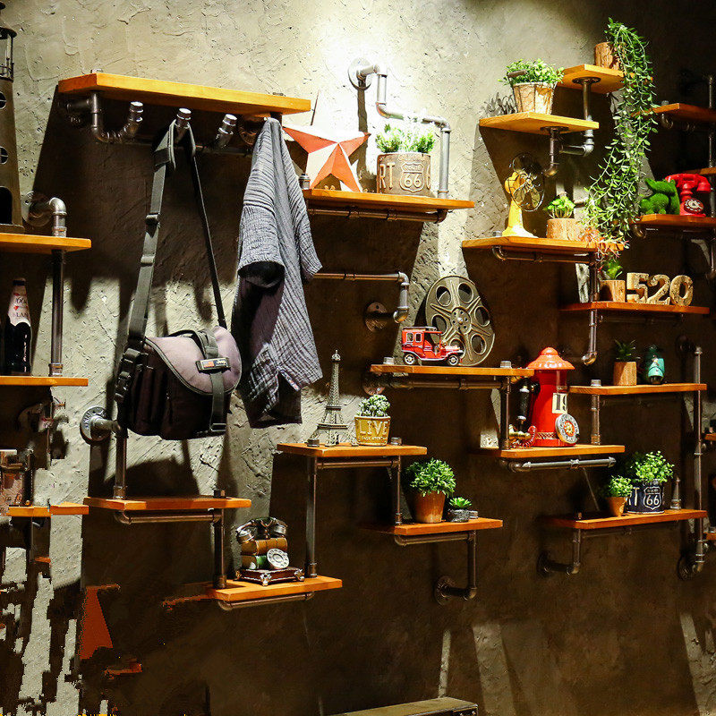 LOFT工业风装饰做旧铁艺水管壁挂墙上置物架美式墙壁实木层板书架