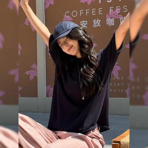 夏季薄款短袖女宽松卷边显瘦上衣