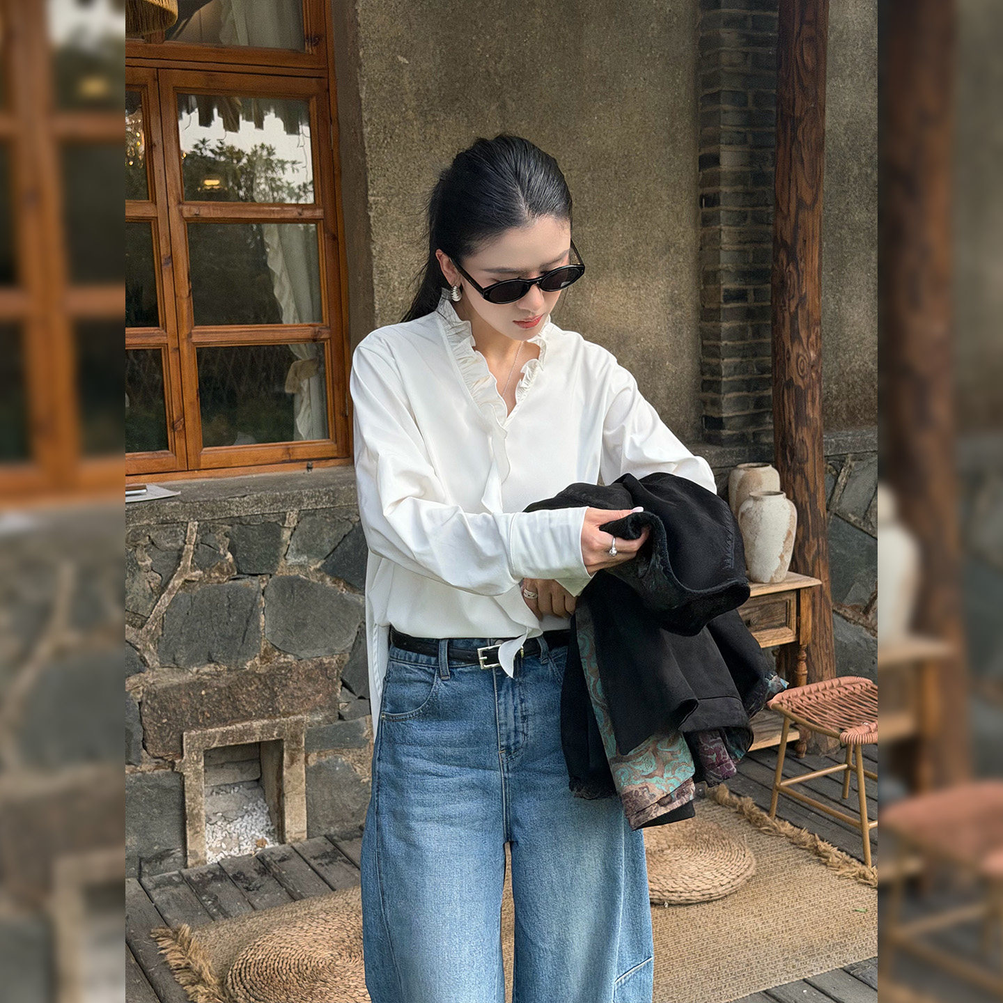 老白不白【巴洛克】2026秋新款荷叶边V领设计感气质长袖显瘦衬衫图片