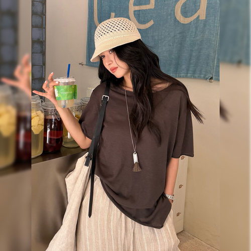 薄款短袖T恤女显瘦纯色简约卷边