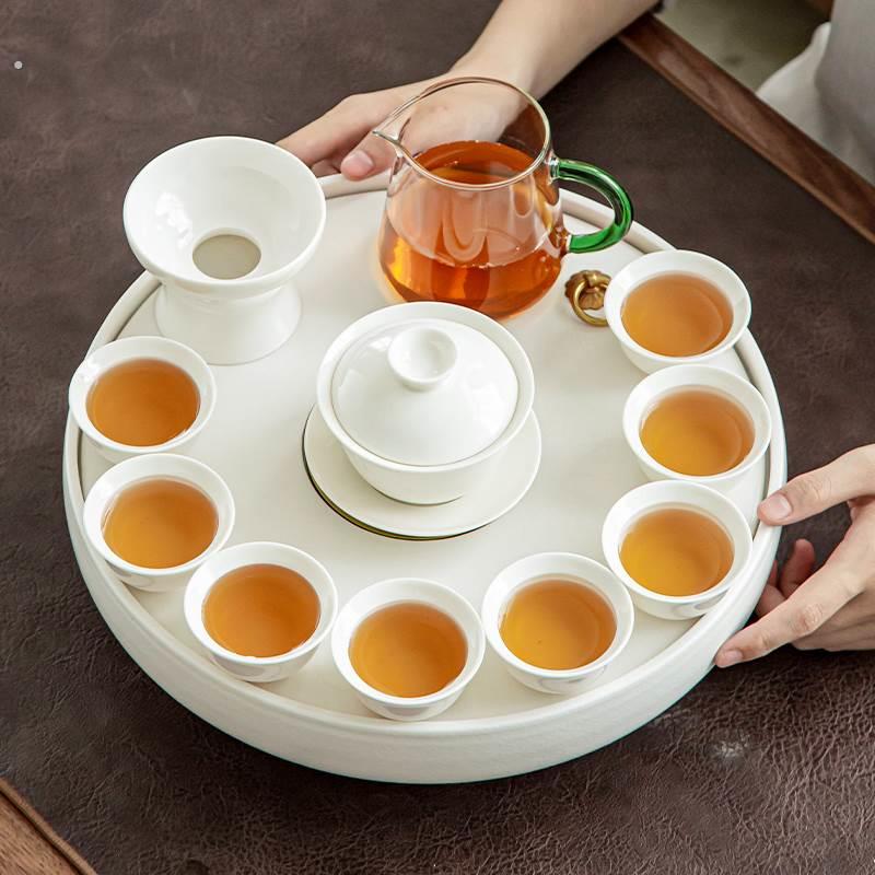 圆形陶瓷小茶盘新中式储水盘茶海简约家用白瓷功夫茶具套装托盘