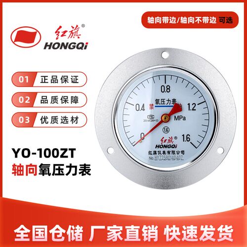 红旗仪表 YO-100ZT轴向带边氧气压力表禁油气体专用1.6级脱油脱脂