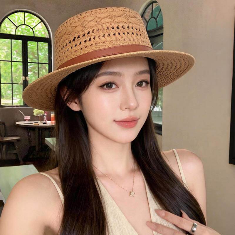 法式复古老钱风平顶草帽女夏礼帽海边度假沙滩防晒太阳帽遮阳凉帽
