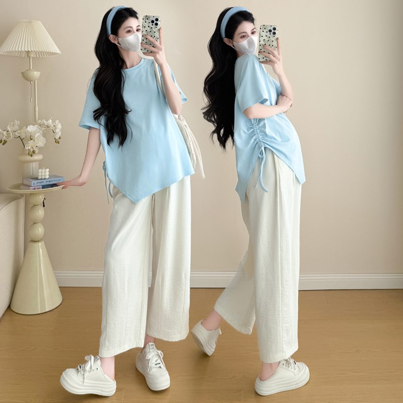 孕妇装夏装抽绳收腰显瘦短袖上衣宽松大码休闲T恤夏季简约衣服夏