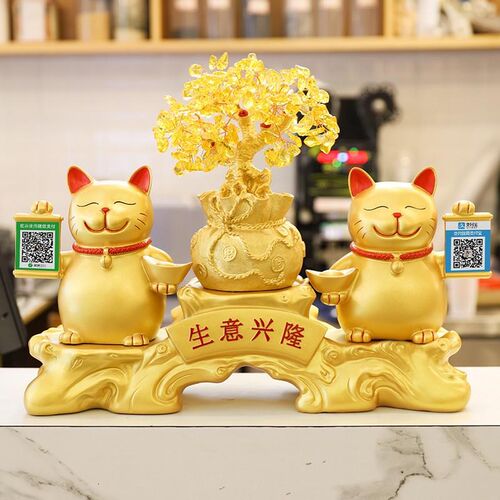 金色招财猫收银台前台二维码收款码摆件装饰多功能店铺开业送礼