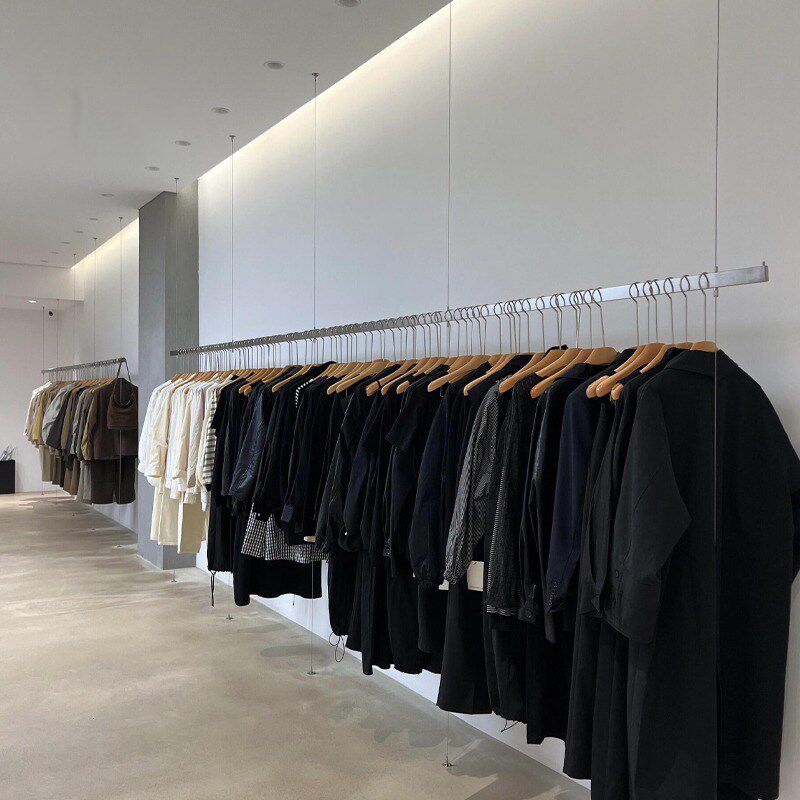服装店上墙展示架不锈钢黑色悬挂衣架钢丝吊顶吊杆女装专用陈列架