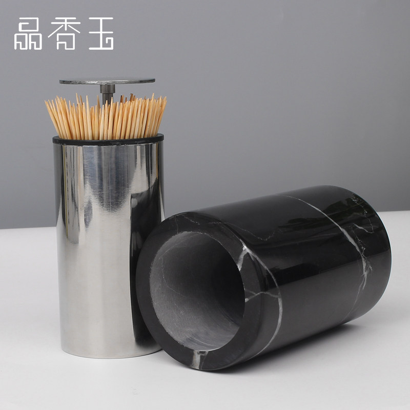 大理石牙签筒定制创意自动按压式高档棉花棒收纳罐牙签盒北欧ins