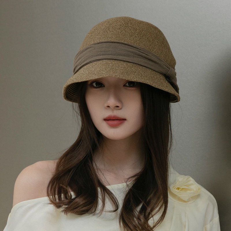 春夏UV防紫外线女褶皱混色草帽防晒渔夫帽法式小头围遮阳草帽度假
