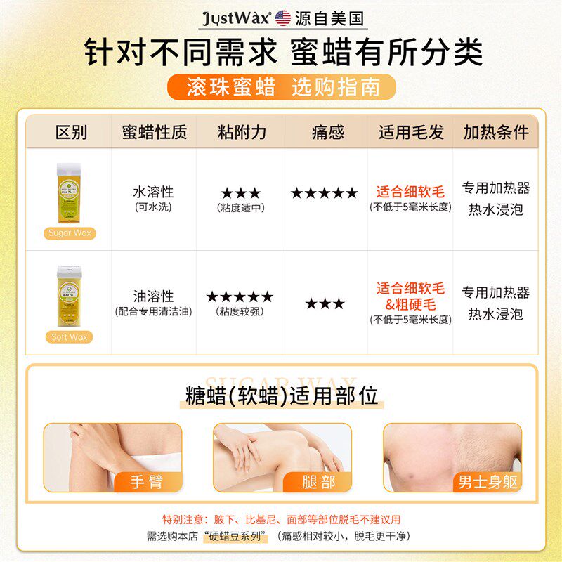 【SugarWax天然糖脱毛】蜜蜡脱毛膏滚珠软蜡滚轮蜡纸手臂腿毛糖蜡